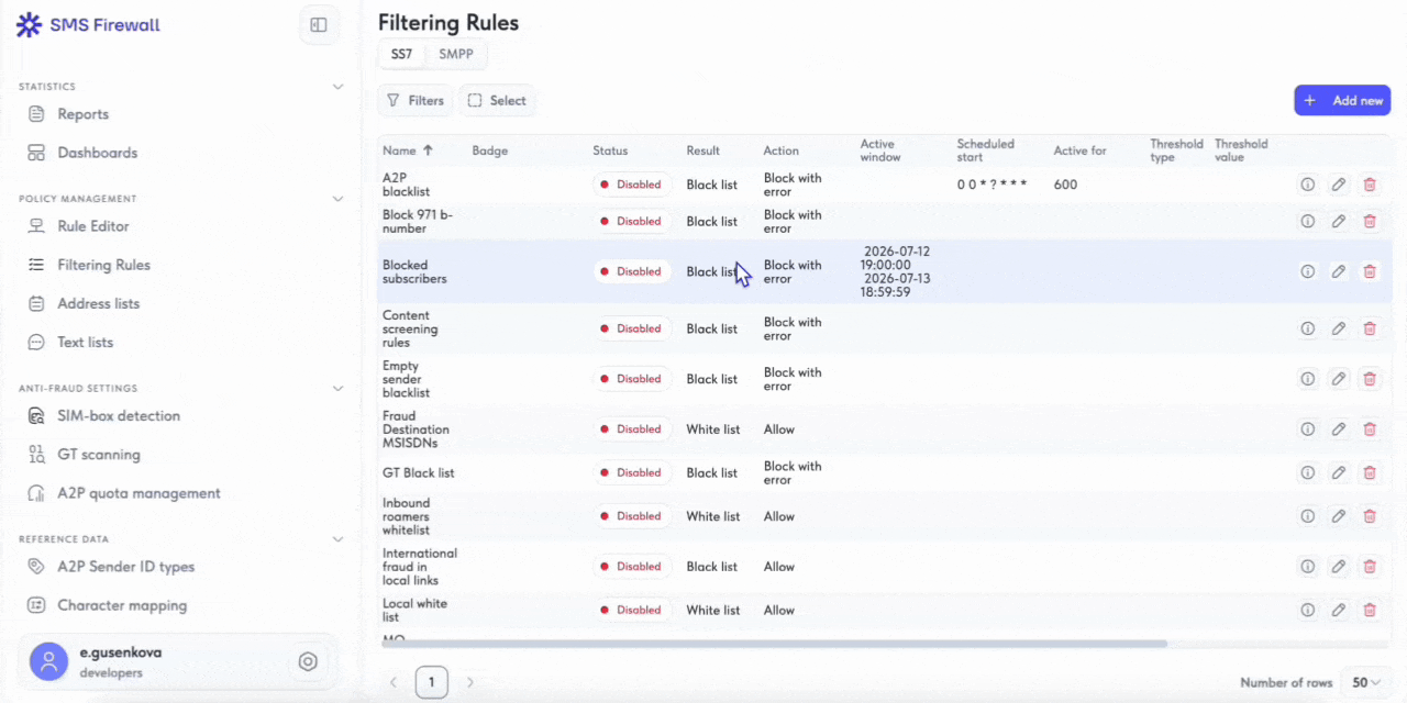 All rules are managed from a single sortable table, with support for selecting and processing multiple rules at once
